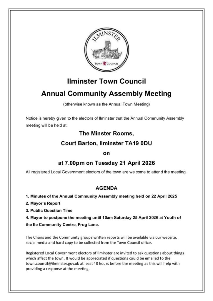 Advert for Ilminster Town Council's Annual Community Assembly on Tuesday 21 April