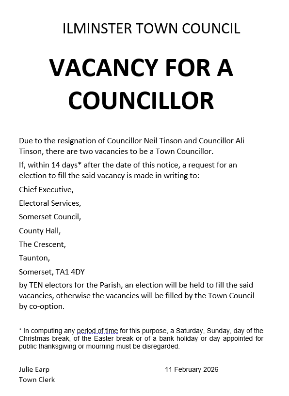 This image is an advert for two new Councillors to join Ilminster Town Council.
