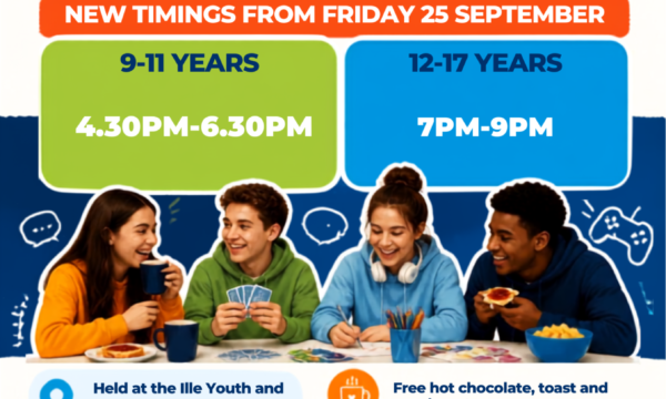 Poster, advertising the weekly youth group. Teenagers having a chat and drinking a hot chocolate.